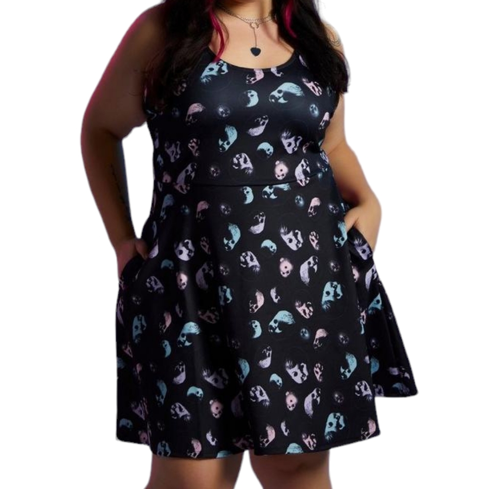 Hot Topic Black Pastel Doll Heads Print Midi Dress Size 2X